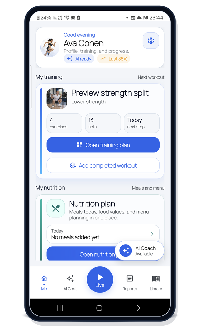 A real BodyPlus app preview shown on a smartphone