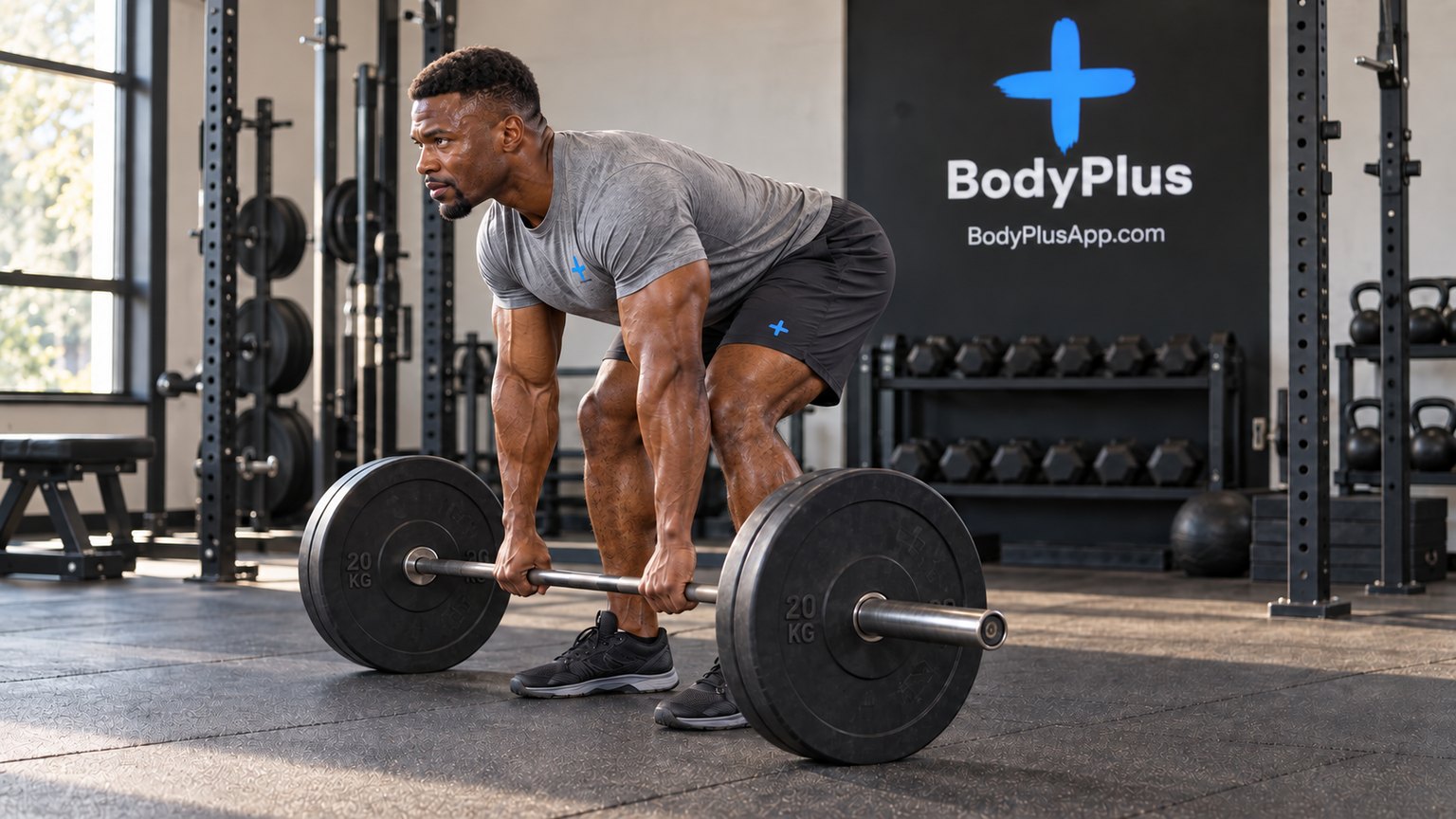 Man bent forward in a gym with bent knees and a straight back, hands on a loaded barbell with 20 kg plates resting just above the floor