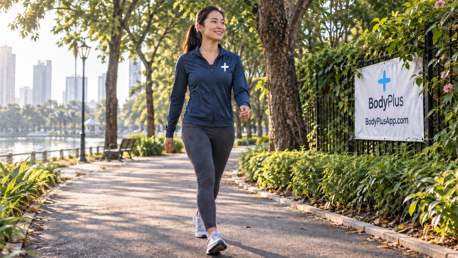Woman in a navy jacket walking along a tree-lined path beside a lake