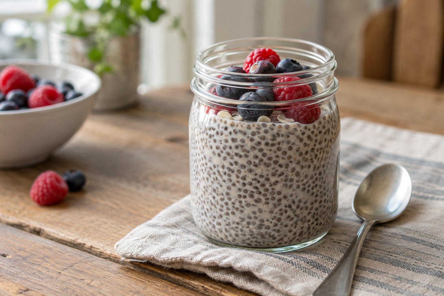 Chia-Pudding mit Beeren in einem Glas
