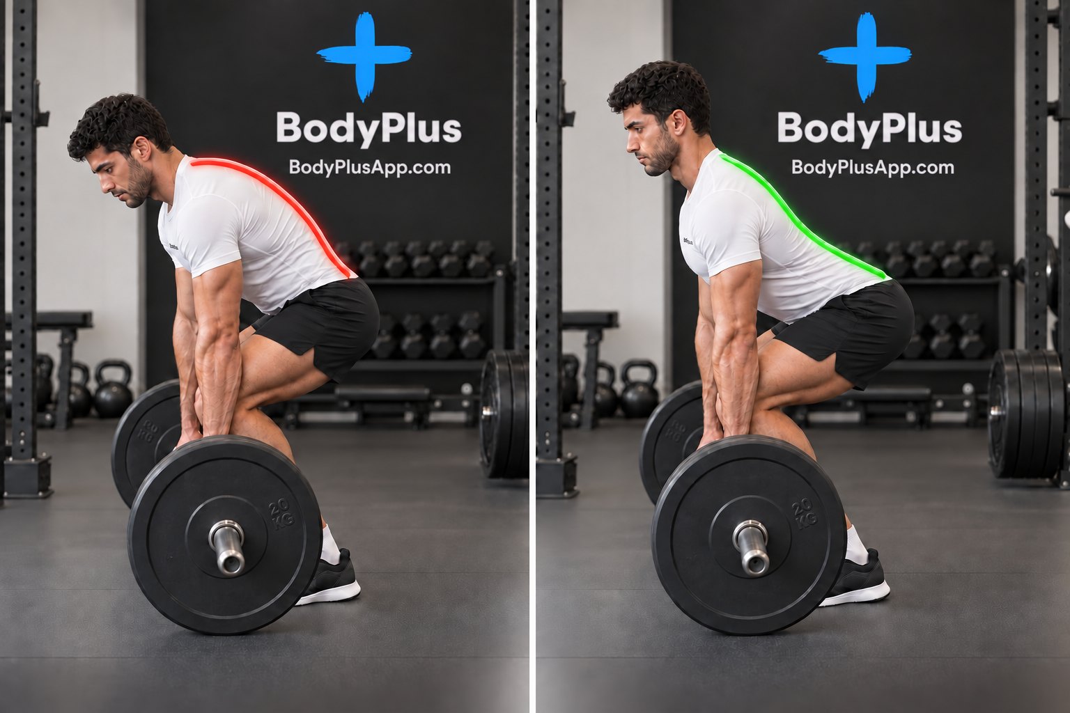 Two side views of a lifter at the start of a deadlift: on the left a rounded back marked with a red line, on the right a flat back marked with a green line