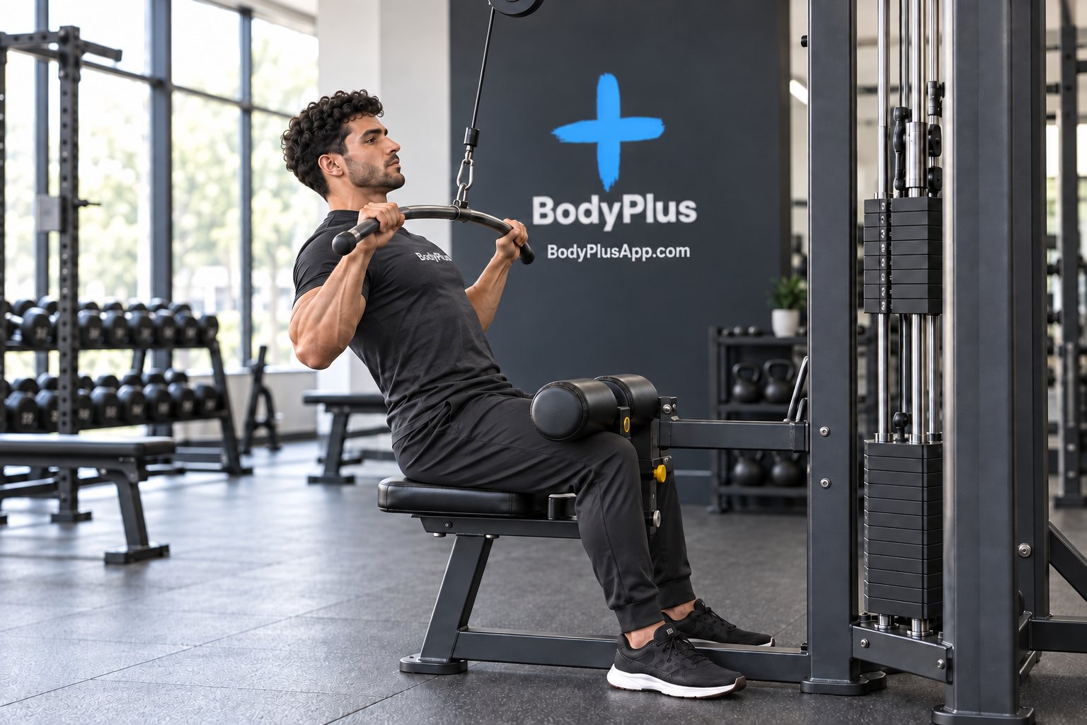 Man seated at a lat pulldown machine with thighs under the pad, leaning back slightly as he pulls the bar to his upper chest