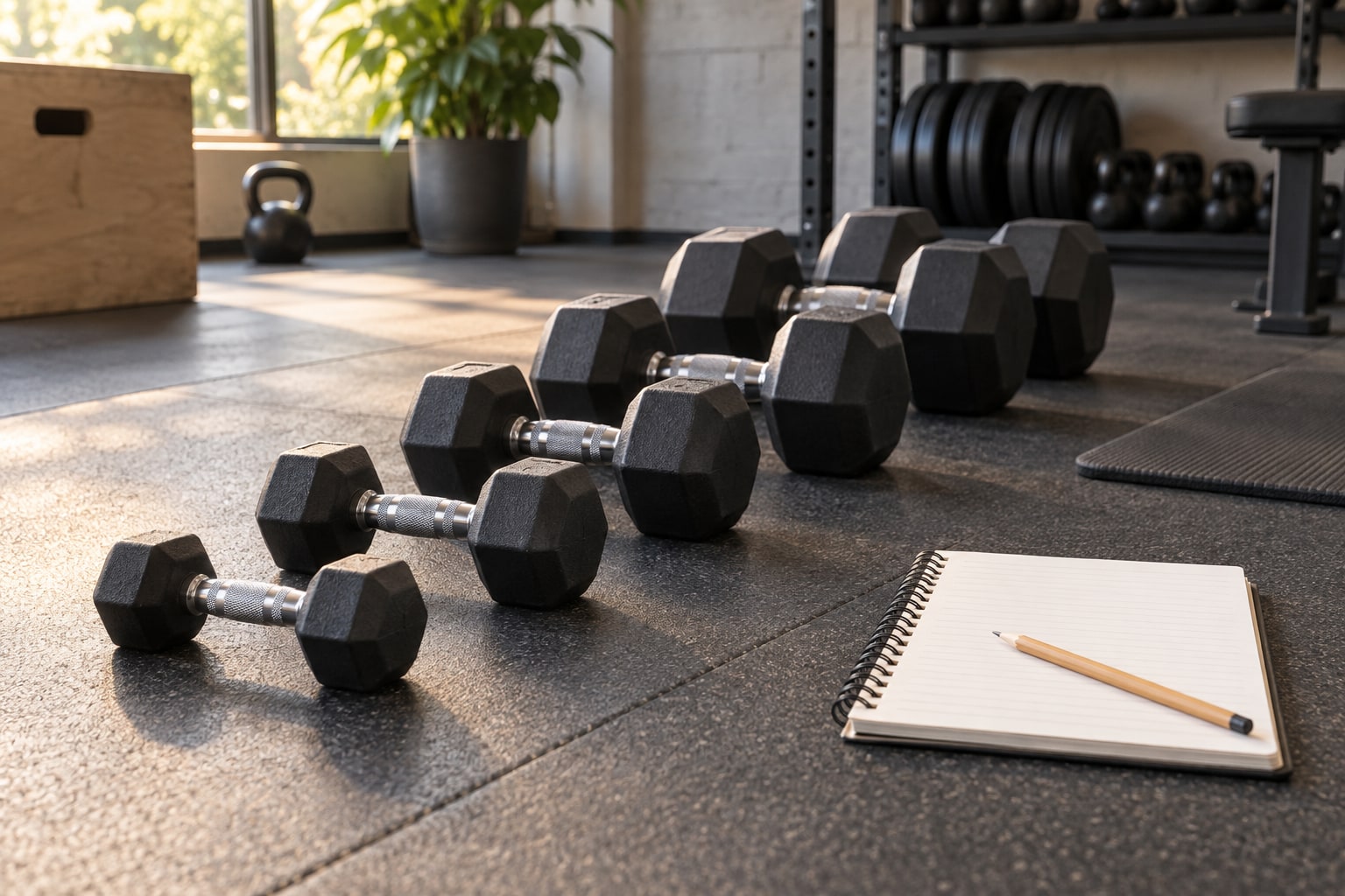 Five hex dumbbells in increasing sizes lined up on a rubber gym floor, with a spiral notebook and a pencil beside them