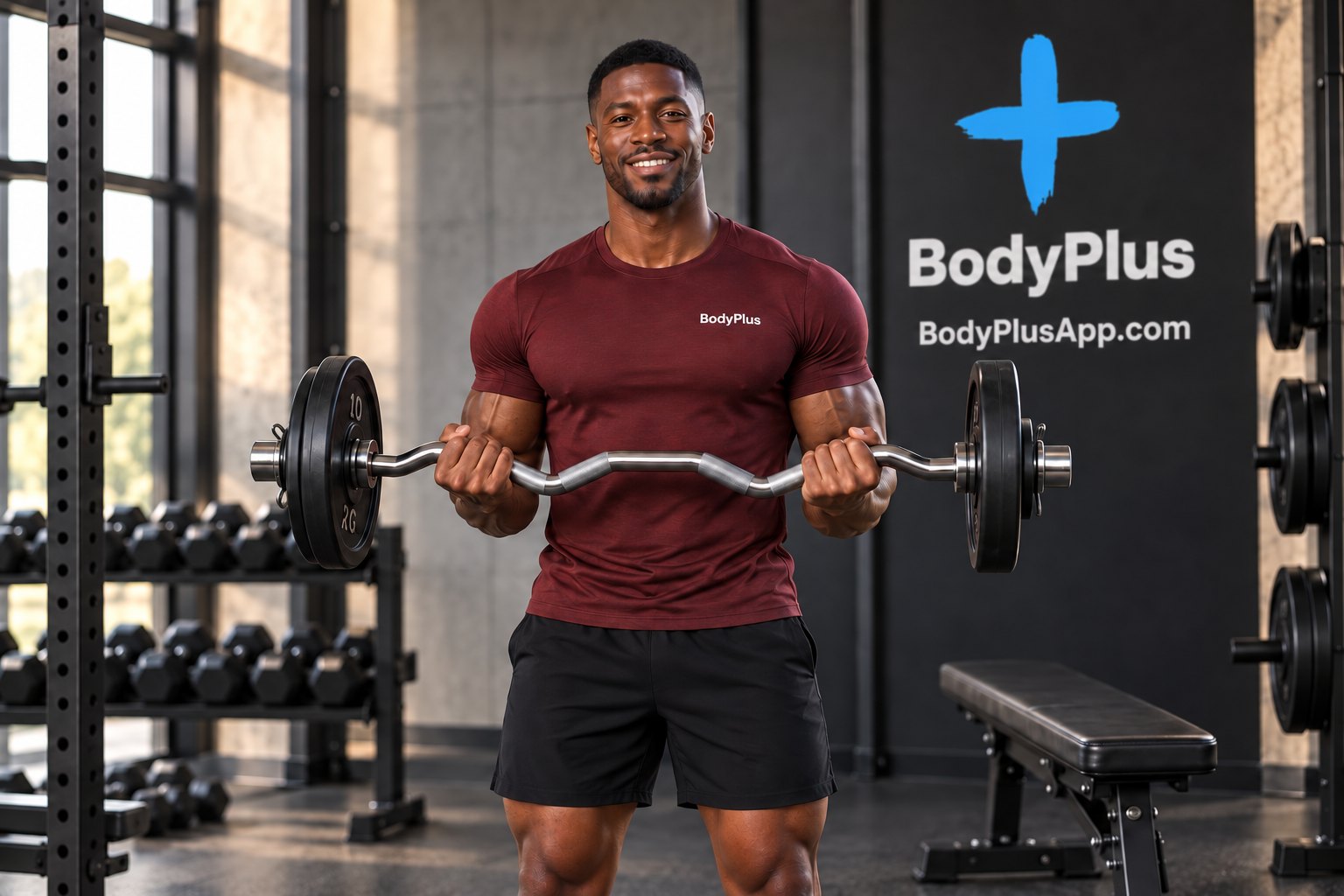 Man holding an angled EZ curl bar with both hands in a gym