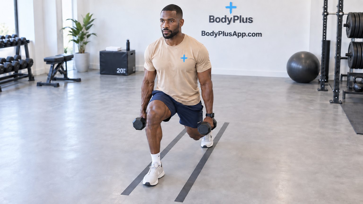 Man lunging with a dumbbell in each hand, with two floor lines showing the width between his feet