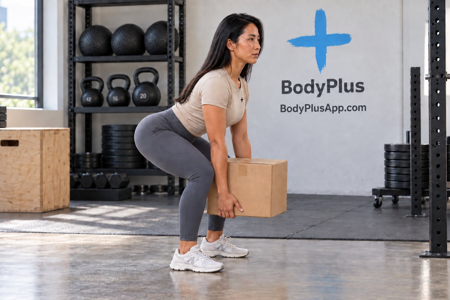Woman in a gym bending at the hips and knees with a straight back to pick up a cardboard box, an everyday version of the hip hinge