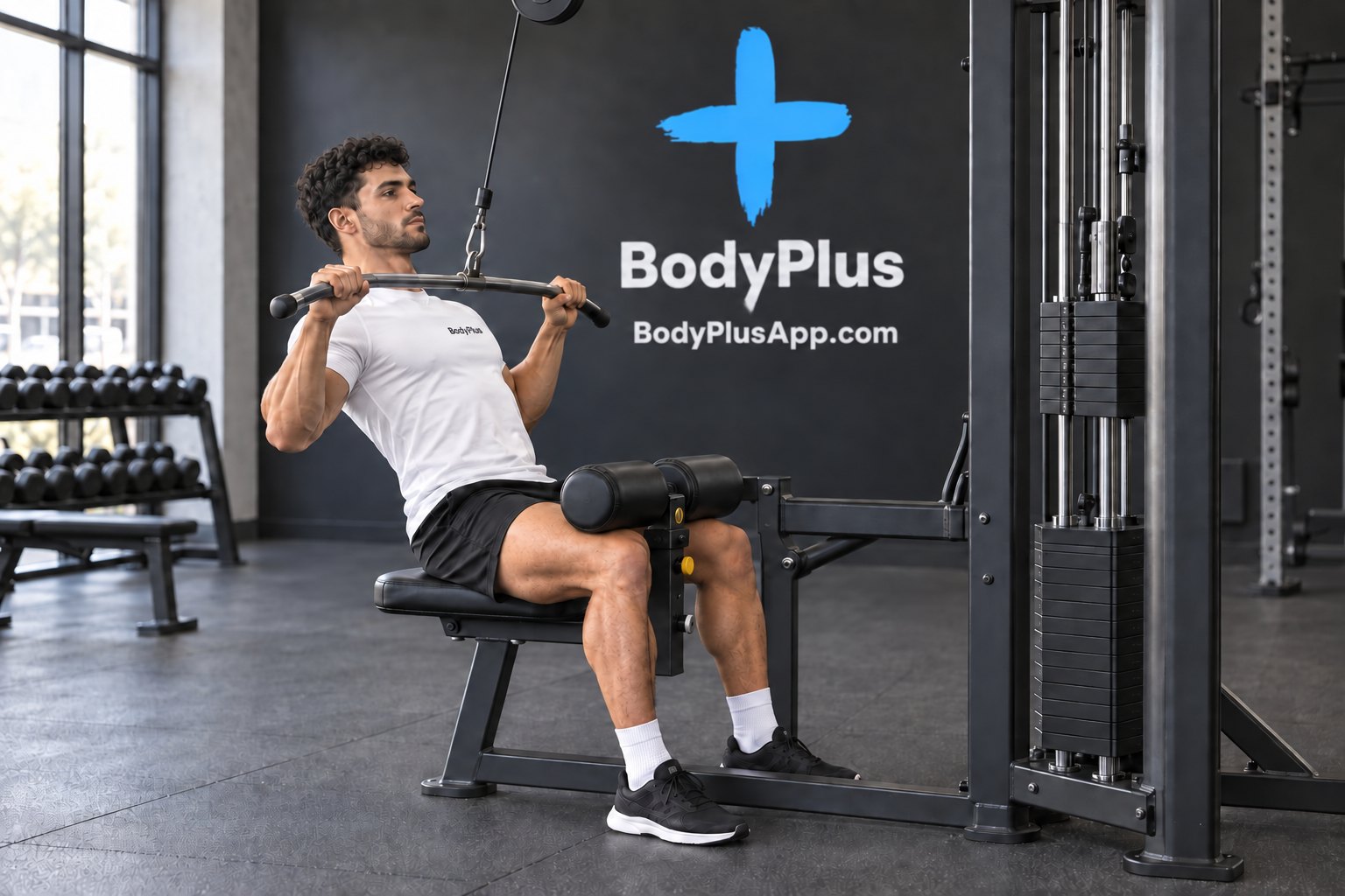 Man seated at a lat pulldown machine, pulling a wide bar toward his upper chest