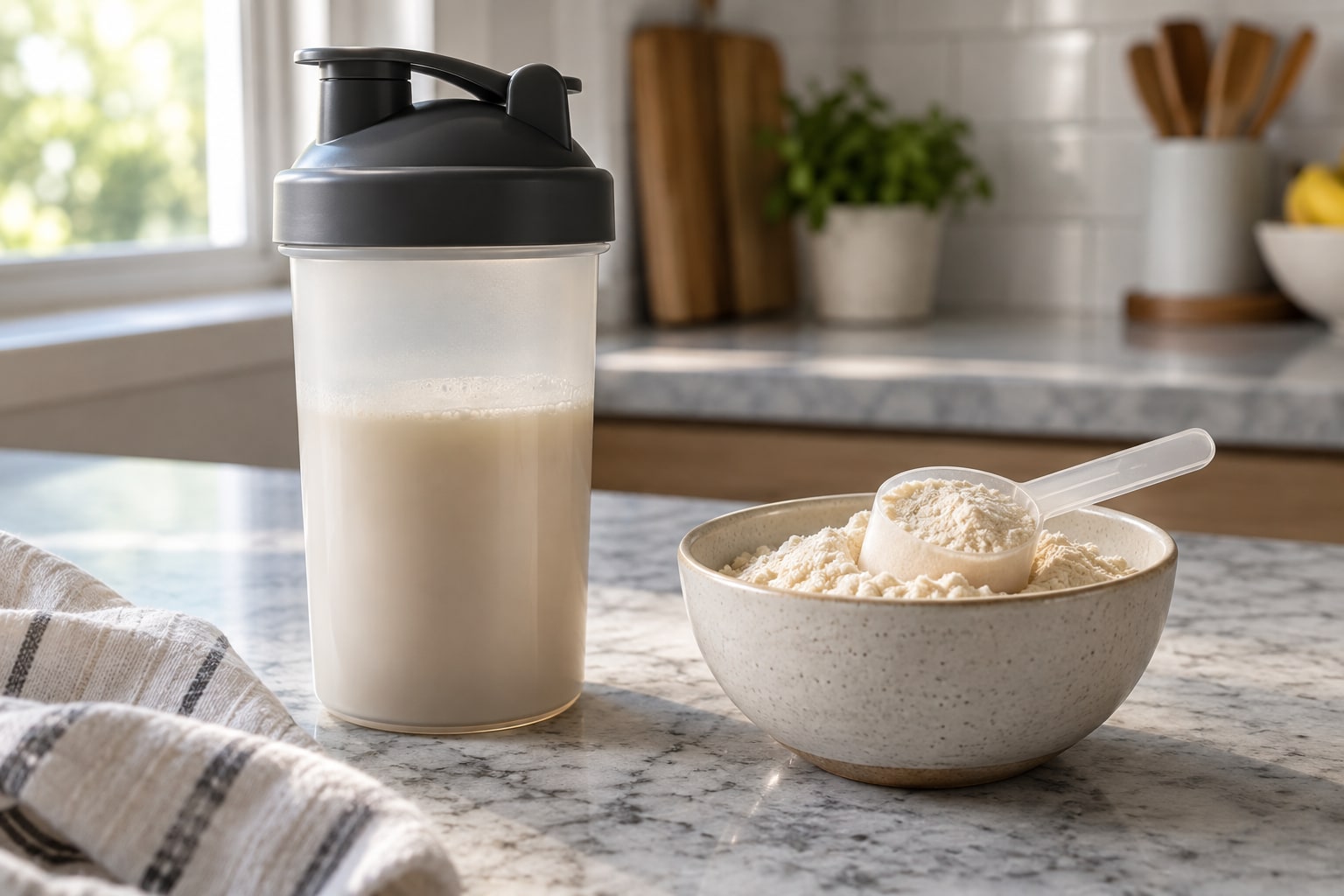 Protein shake in a shaker bottle beside a bowl of protein powder with a measuring scoop