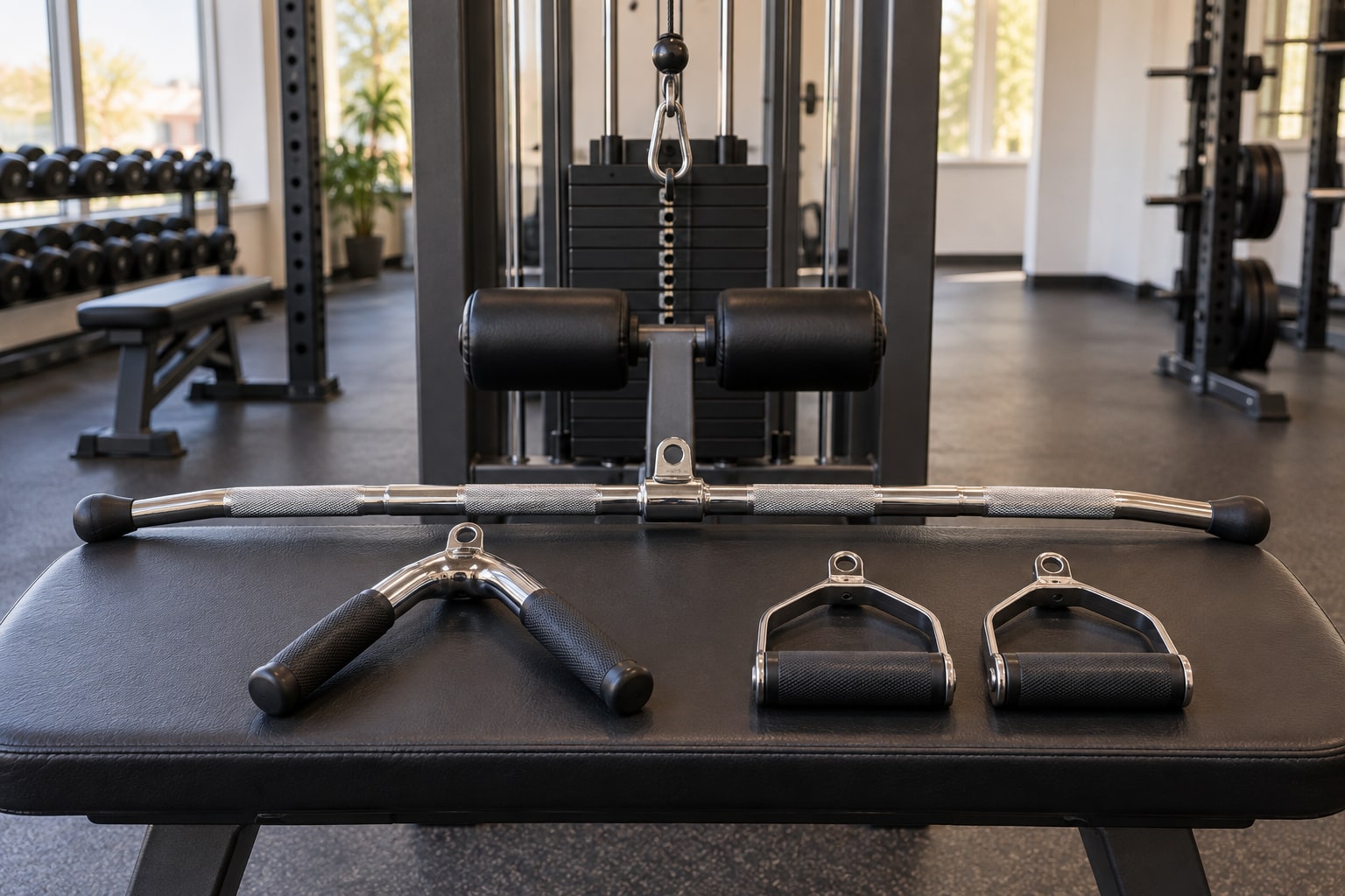Straight pulldown bar, V-bar and two single-hand handles laid out in front of a cable machine