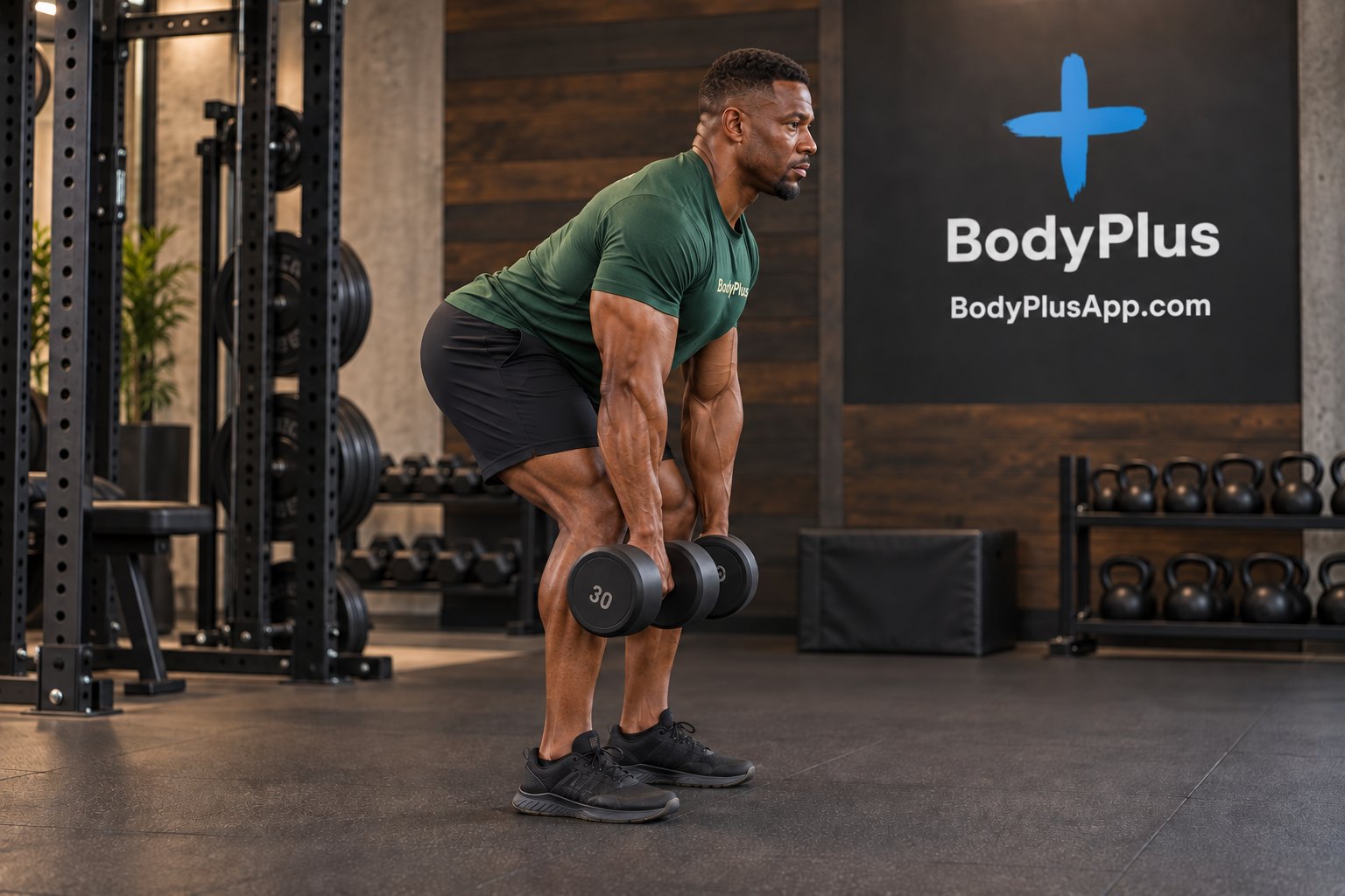 Man in a gym bending forward at the hips with a dumbbell in each hand hanging in front of his shins, knees slightly bent