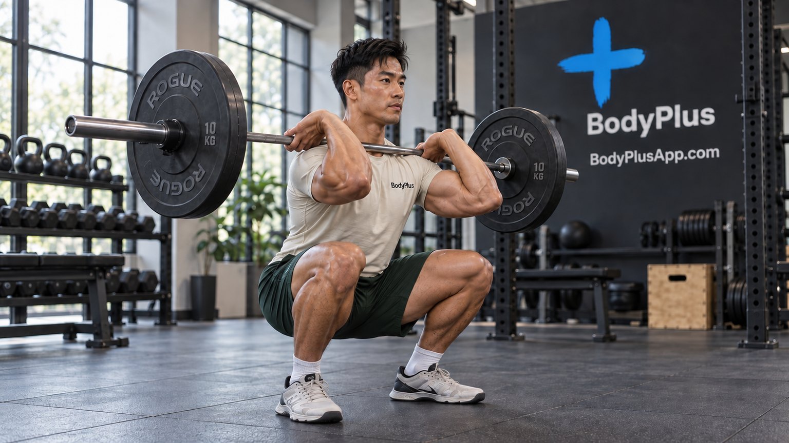 Man at the bottom of a front squat with a barbell across his shoulders