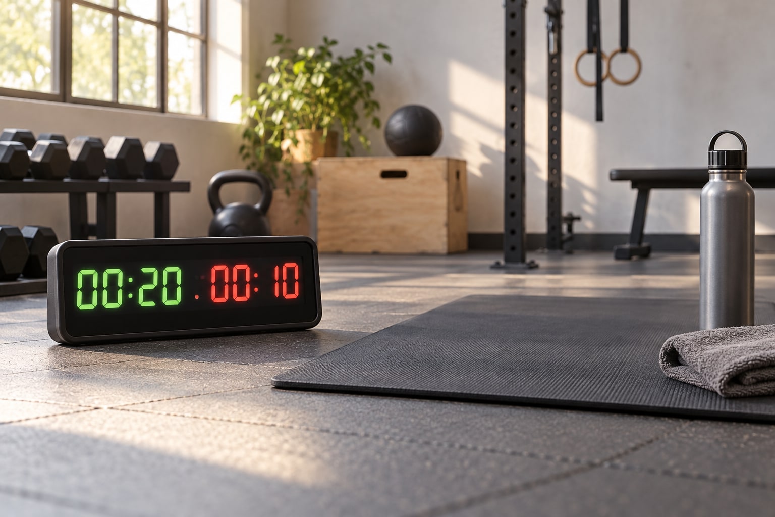 Intervall-Timer auf dem Boden eines Fitnessraums mit der Anzeige 00:20 für die Belastung und 00:10 für die Pause, daneben eine Trainingsmatte, eine Wasserflasche und ein Handtuch