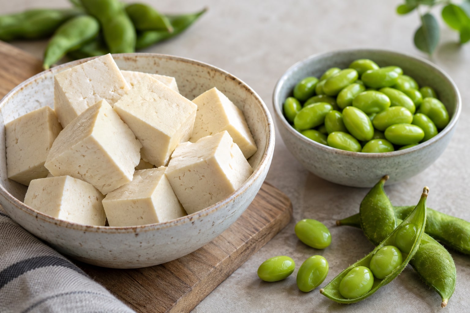 Schalen mit Tofuwürfeln und grünen Edamame, daneben einige Schoten