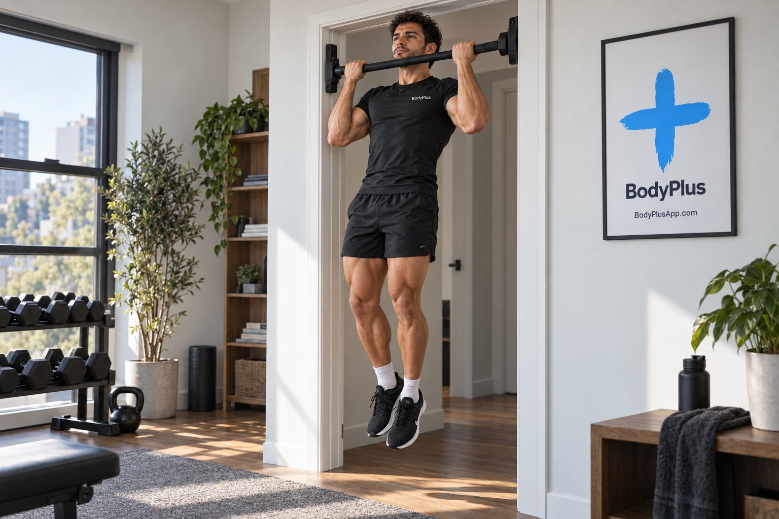 Man pulling himself up on a doorway pull-up bar at home