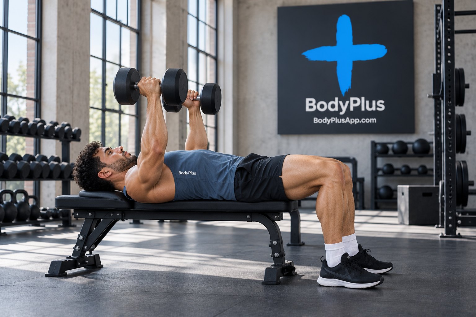 Man lying on a flat bench, seen from the side, holding two dumbbells above his chest with his forearms vertical and his elbows tucked under the weights