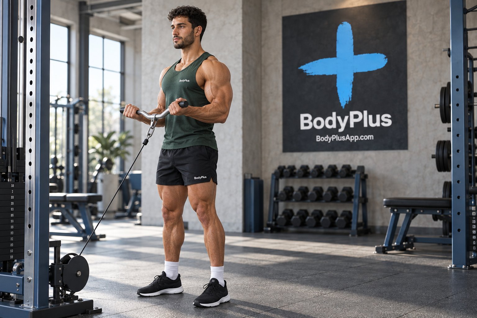 A man doing a standing biceps curl with a straight bar attached to a low cable