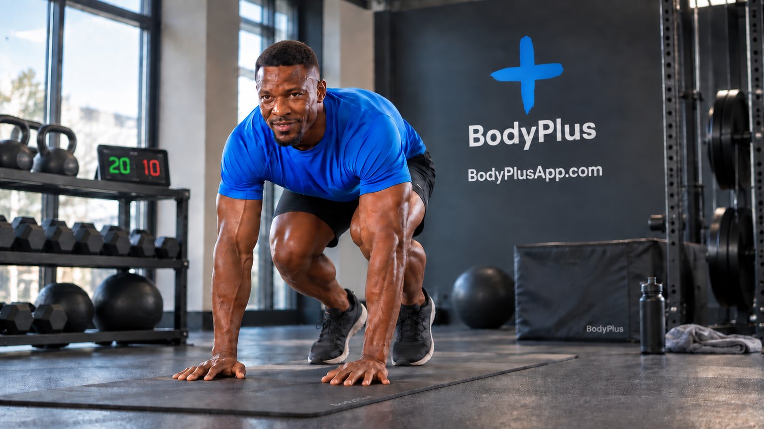 Mann in einem blauen T-Shirt hockt startbereit auf einer Matte im Fitnessstudio, die Hände am Boden; auf dem Regal hinter ihm stehen Kettlebells und ein Timer mit 20 Sekunden Belastung und 10 Sekunden Pause