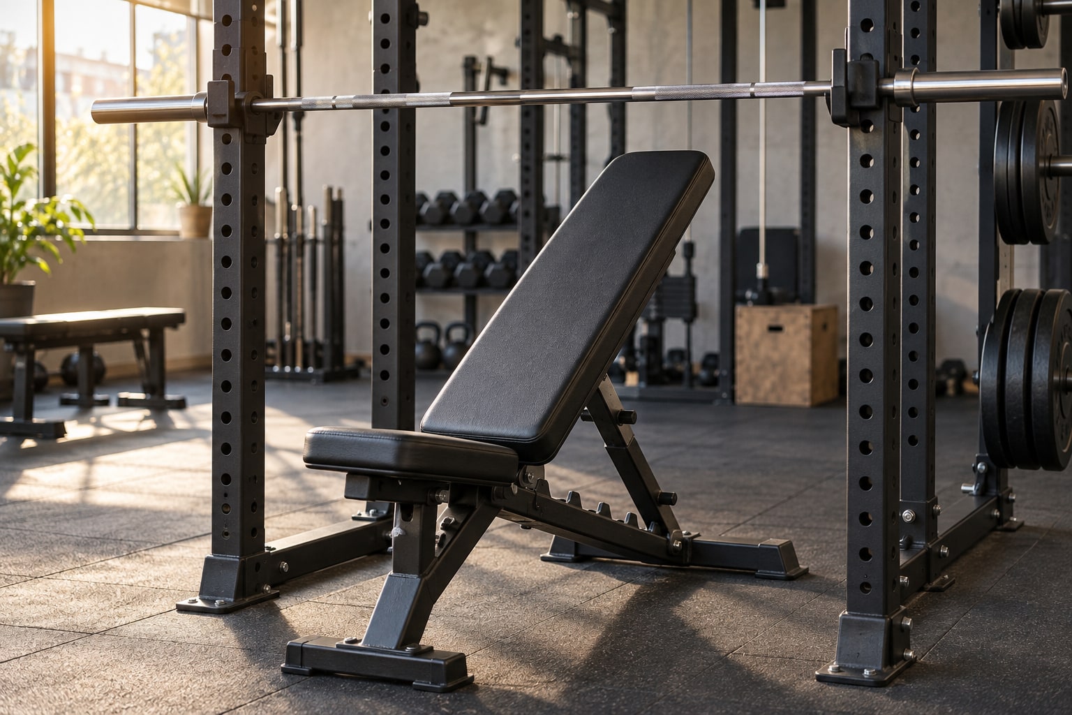 Adjustable incline bench inside a power rack with a barbell resting on the rack, lit by window light in a gym