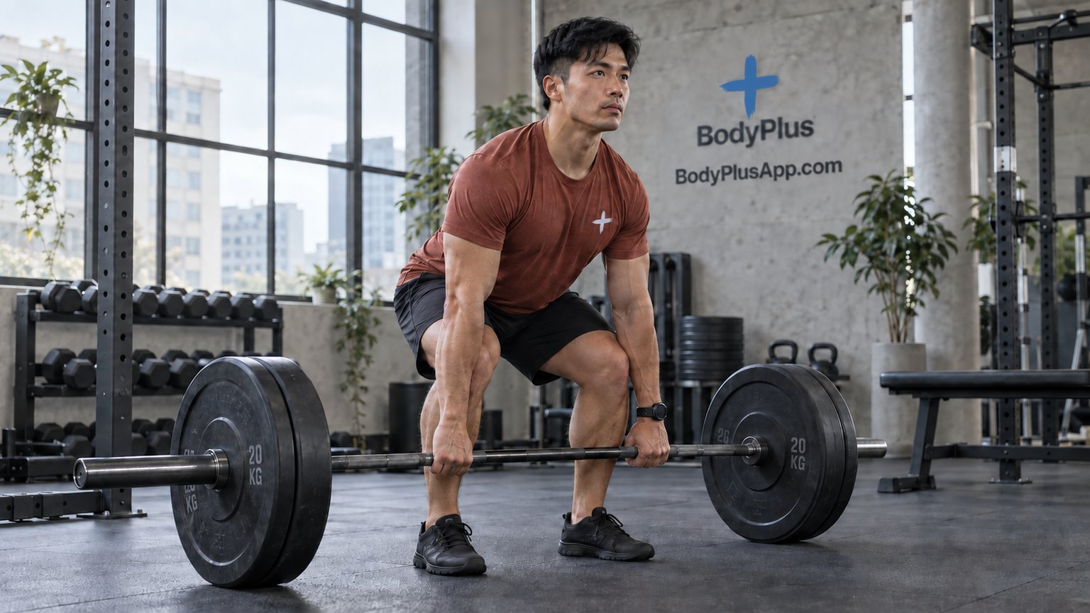 An AI-generated man gripping a loaded barbell in a gym, with a BodyPlus sign on the wall