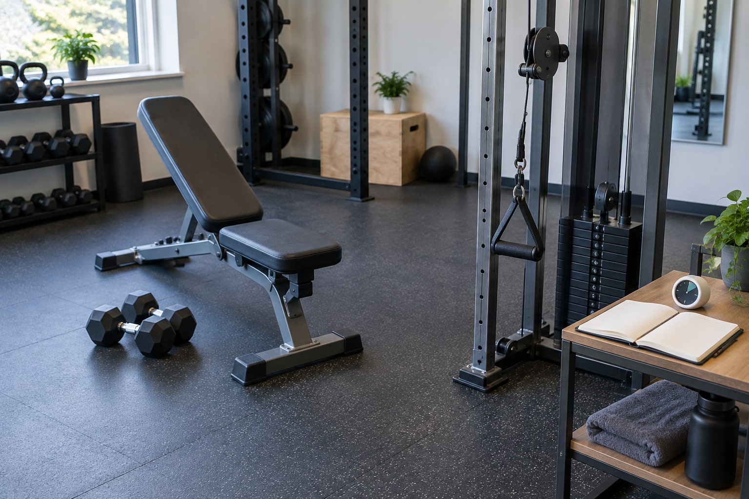 Adjustable bench with a pair of dumbbells beside a cable station, and a notebook and a small clock on a shelf nearby for planning pairs