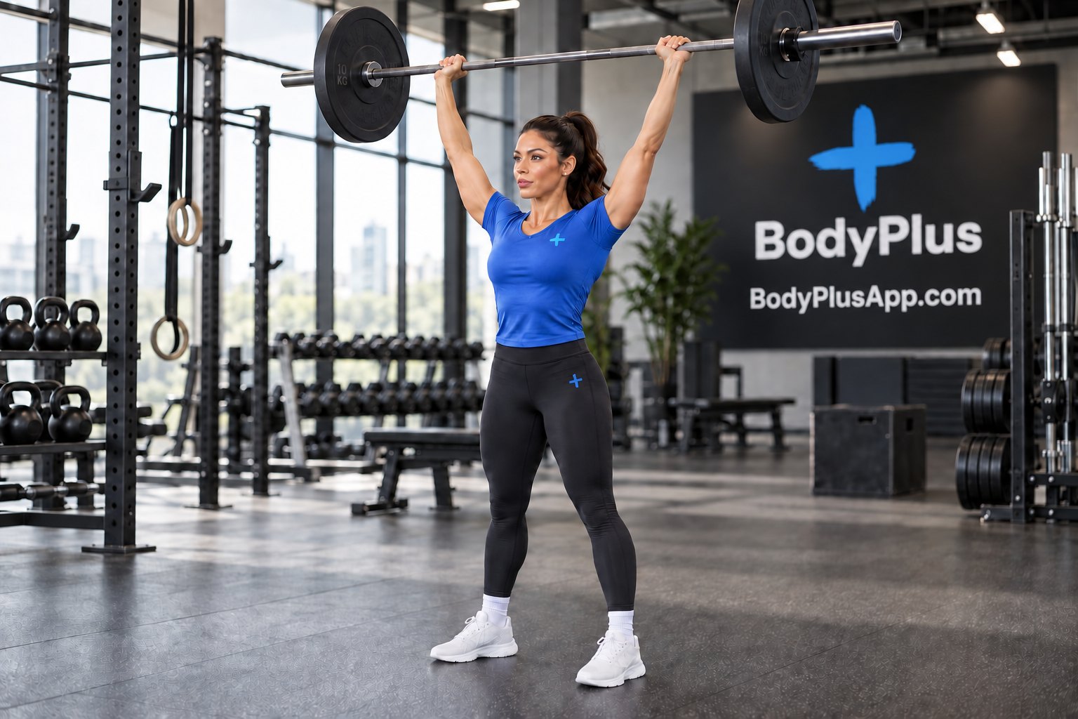 Femme en T-shirt bleu et legging noir debout, une barre tenue à bout de bras au-dessus de la tête, dans une salle avec des cages et des kettlebells derrière elle