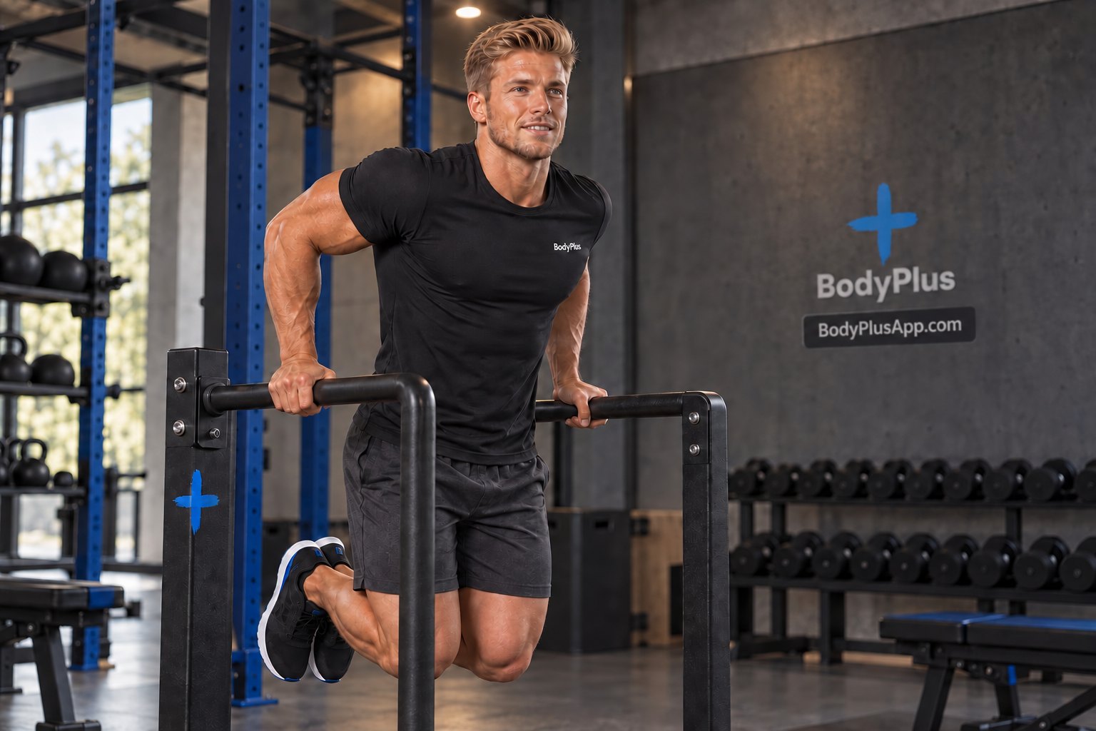 Man supporting himself on parallel bars in an upright dip position