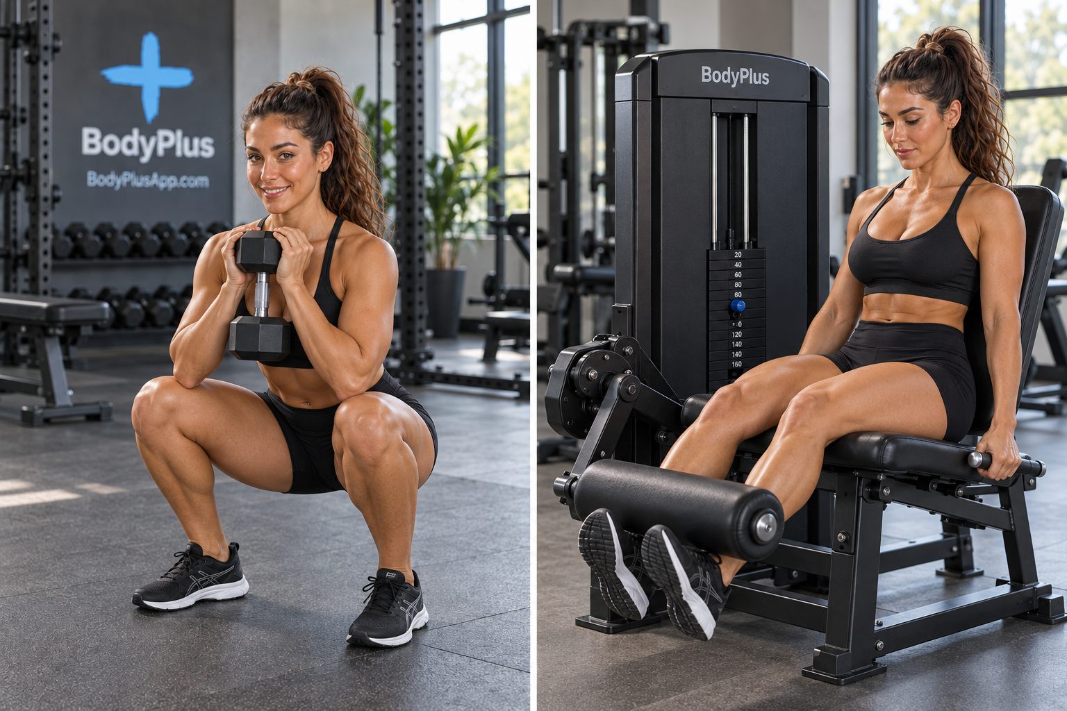 Deux photos de salle de sport côte à côte&nbsp;: à gauche, une femme fait un goblet squat avec un haltère (exercice polyarticulaire)&nbsp;; à droite, une femme est assise sur une machine de leg extension (exercice d'isolation)