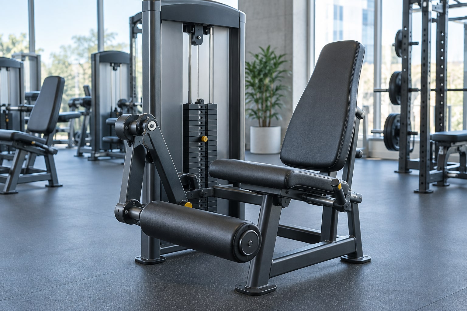 A seated leg extension machine with a padded shin roller and a pin-loaded weight stack