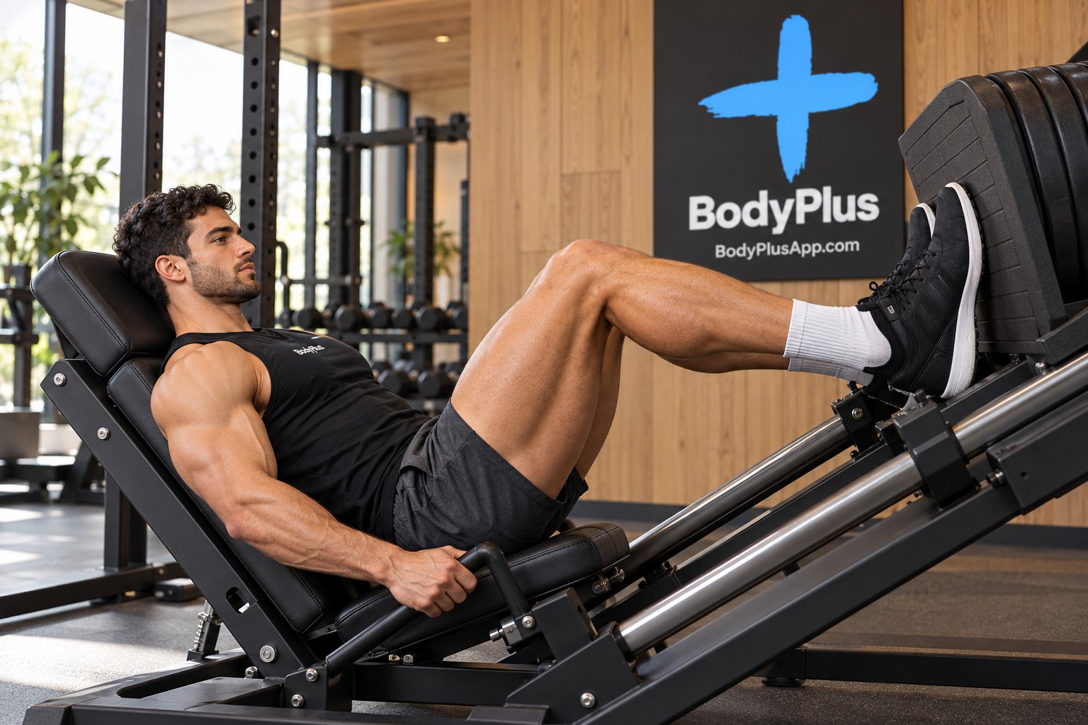 Man seated on an inclined leg press, knees bent and feet shoulder-width apart on the platform