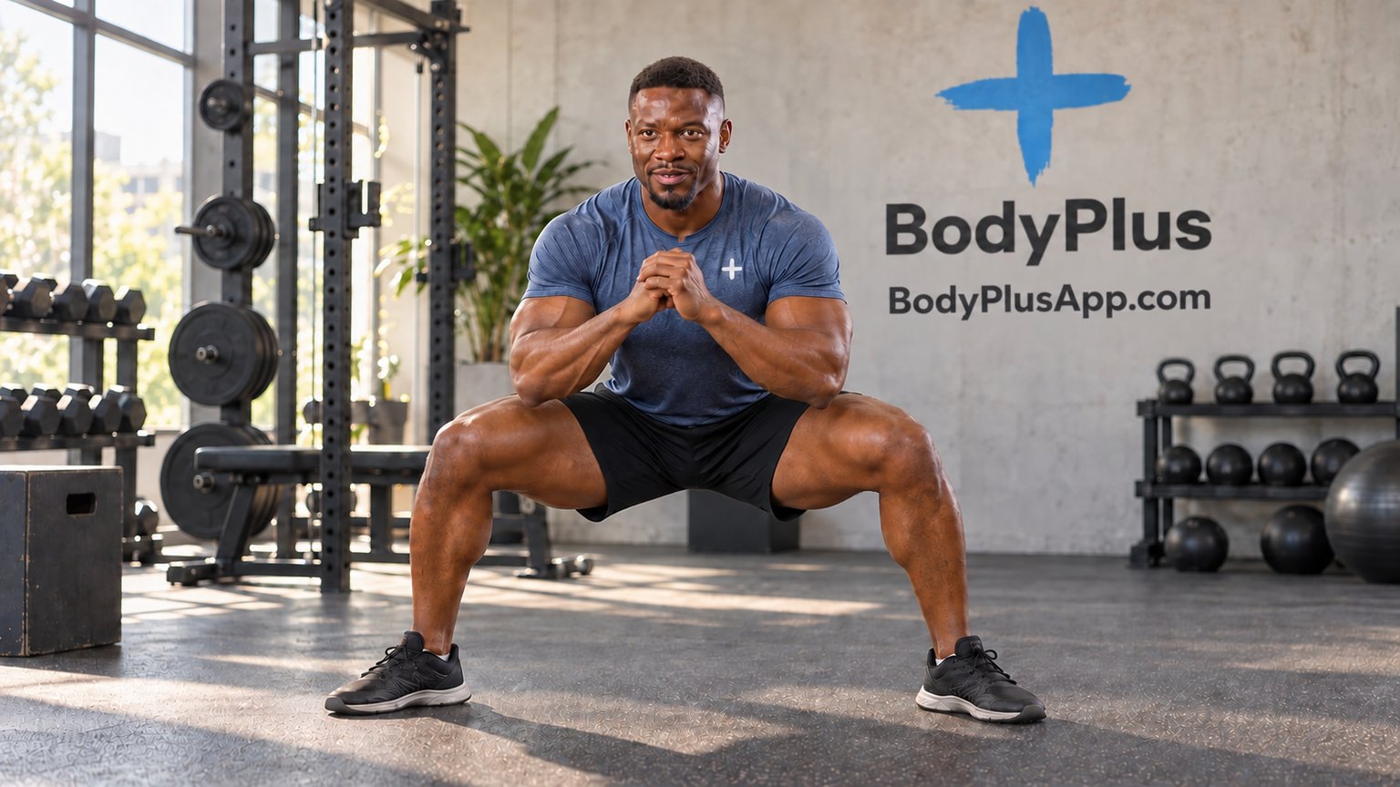 Man holding a deep, wide-stance squat with his hands clasped in front of his chest