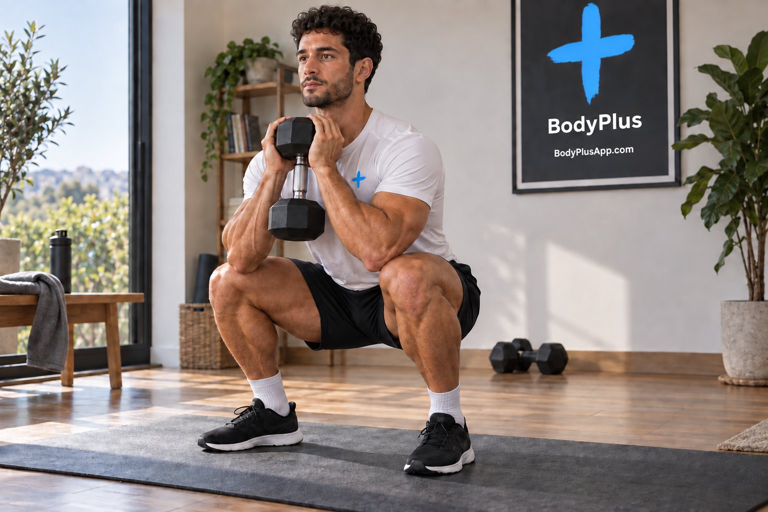 Un homme en position basse de squat, un haltère tenu contre la poitrine (goblet squat), dans une salle de sport à domicile lumineuse avec un canapé et un ballon de gym