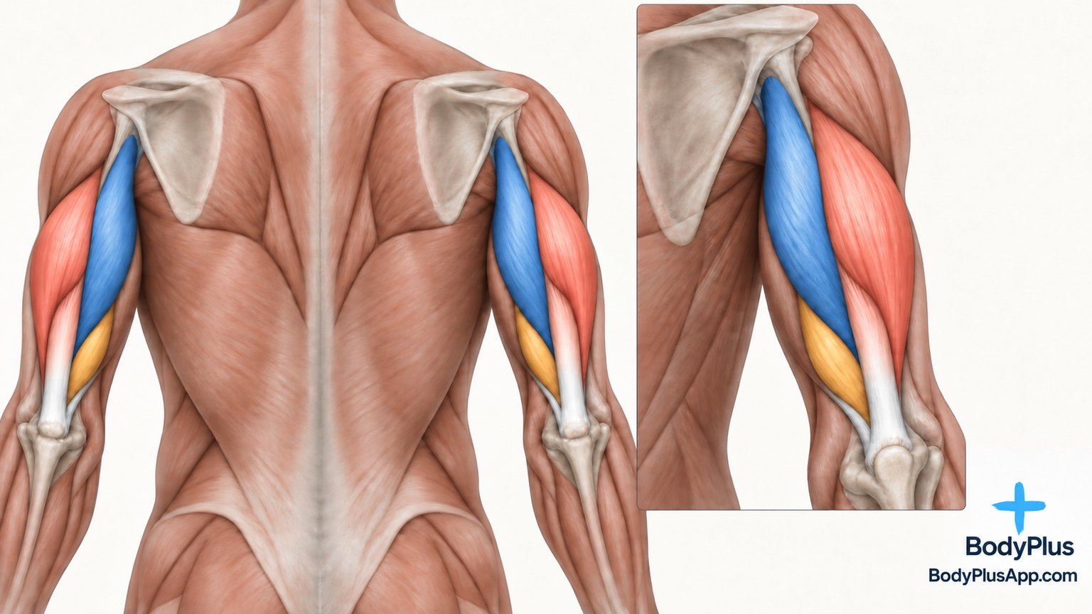 Back view of the upper arms with the three triceps heads highlighted in different colors and enlarged on the right