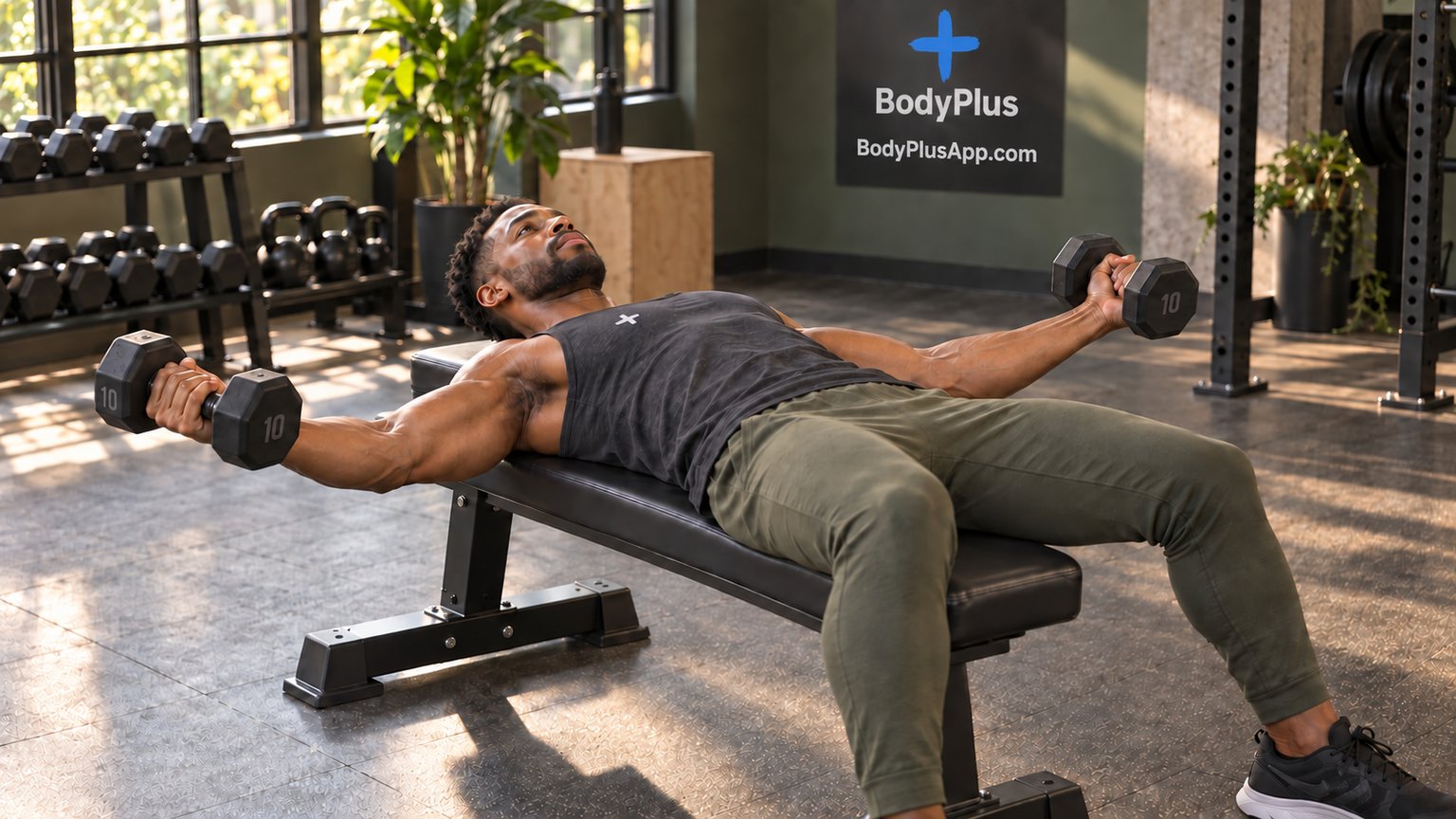 Man lying on a flat bench with a dumbbell in each hand, arms opened wide for a chest fly