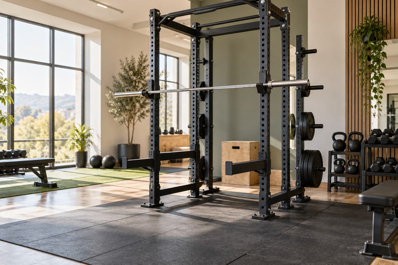 Squat rack with a barbell, weight plates and dumbbells in a gym