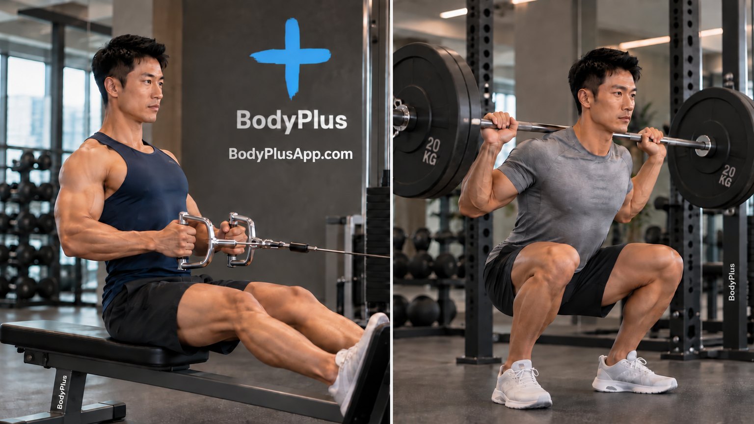 Two photos side by side: a man doing a seated cable row on the left and a man doing a barbell back squat in a rack on the right
