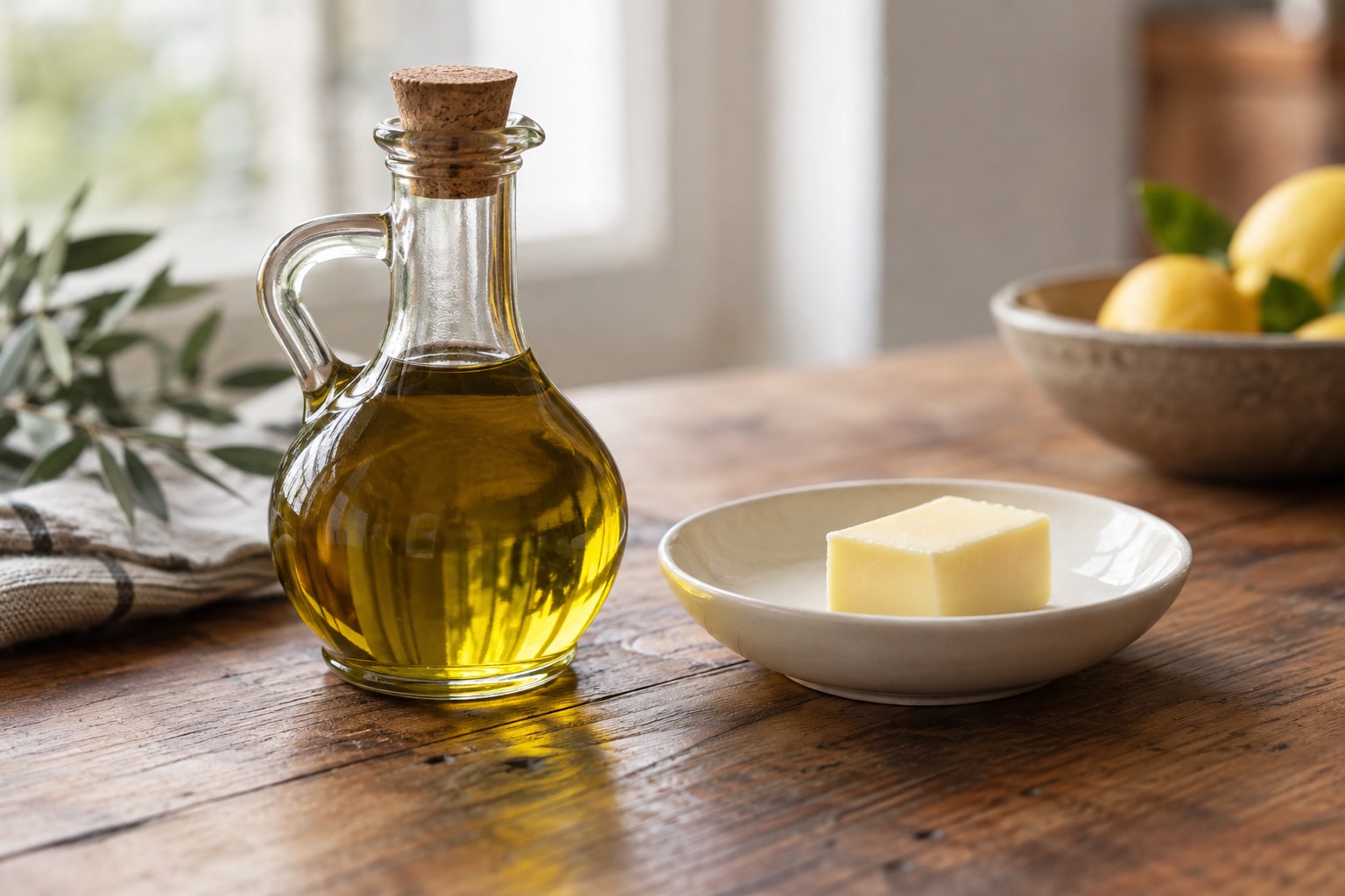 A glass cruet of olive oil beside a piece of butter on a plate on a wooden table