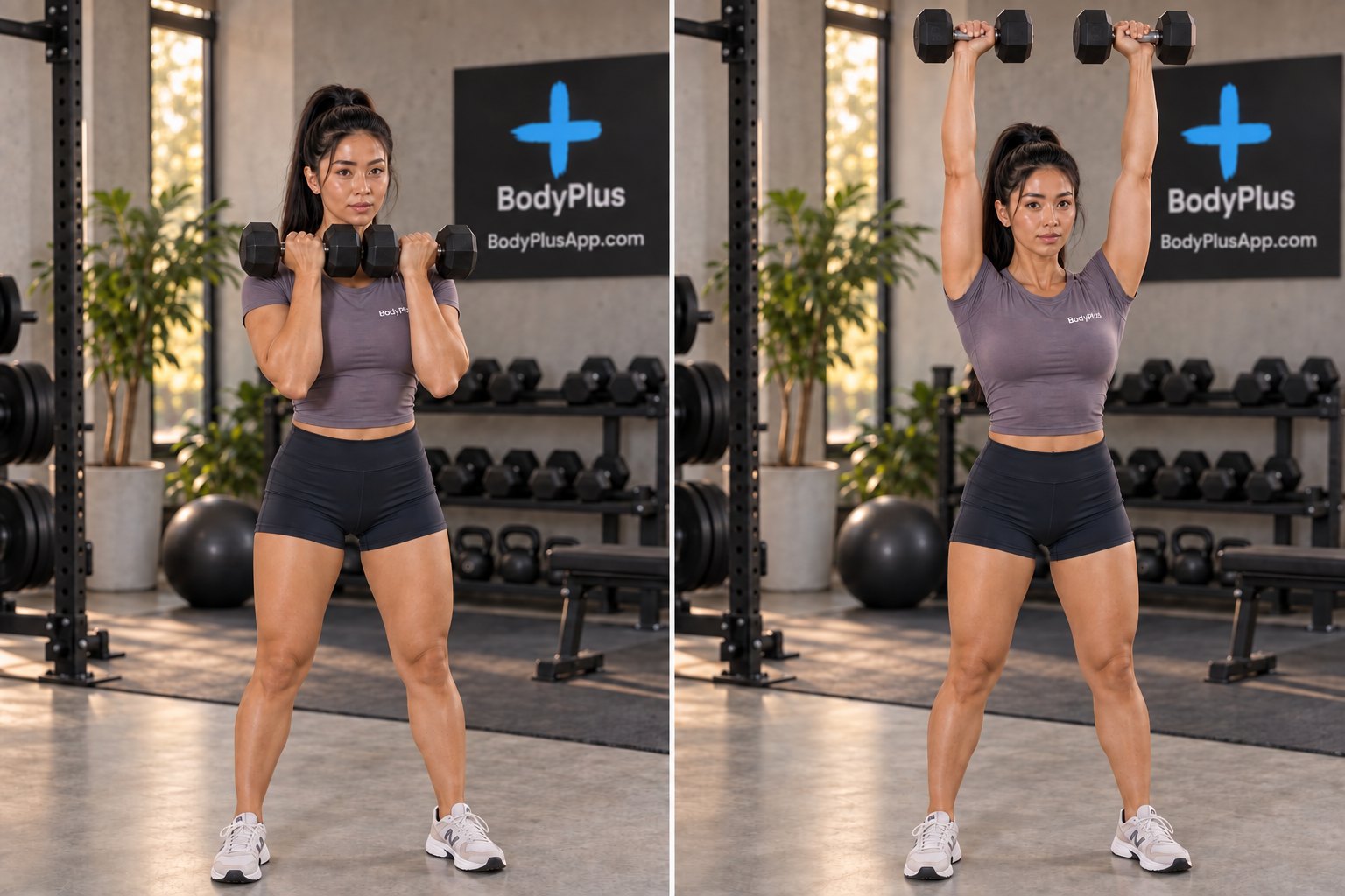 Two panels show a woman holding dumbbells at shoulder height and then overhead