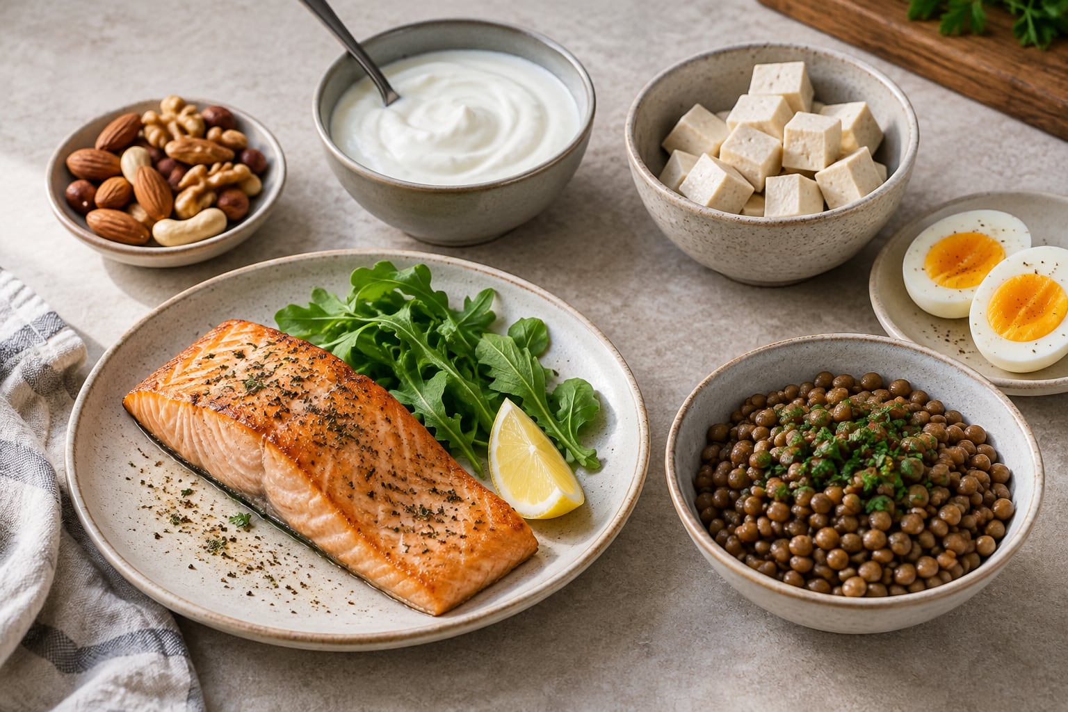 Salmon with greens and lemon beside bowls of yogurt, tofu, lentils and nuts, with a halved boiled egg