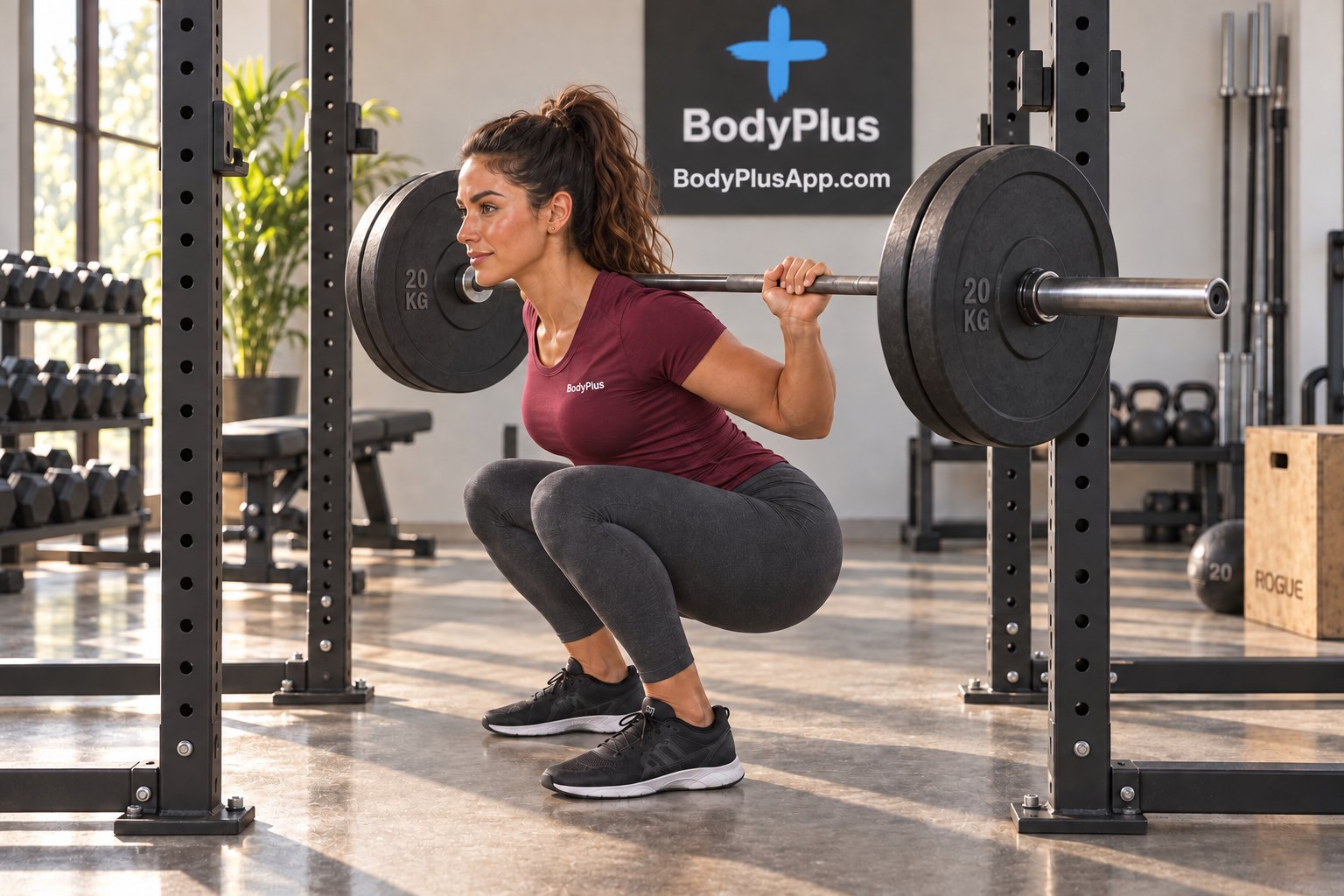 Woman at the bottom of a barbell back squat, seen from the side, with her thighs below parallel, her heels flat on the floor and the bar across her upper back