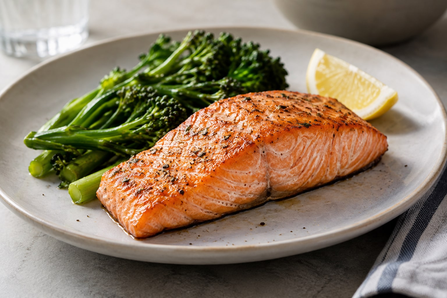 Cooked salmon fillet with green vegetables and a lemon wedge on a white plate