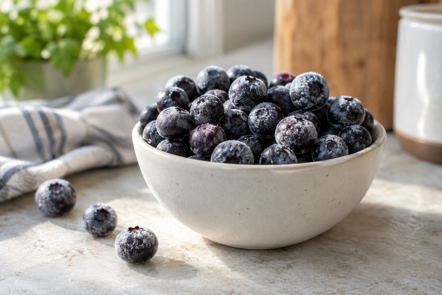 Bowl filled with frost-covered frozen blueberries on a kitchen counter