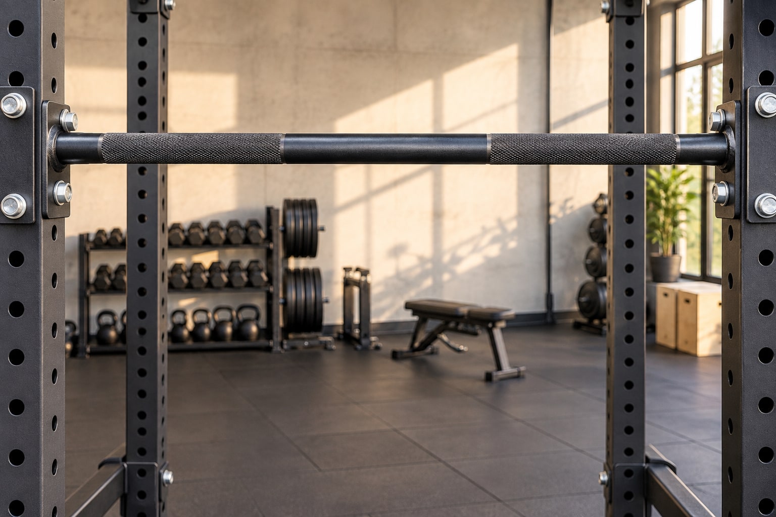 Barre de traction robuste aux poignées moletées, fixée entre les montants d’un rack dans une salle de sport lumineuse, avec haltères, kettlebells, disques et un banc à l’arrière-plan