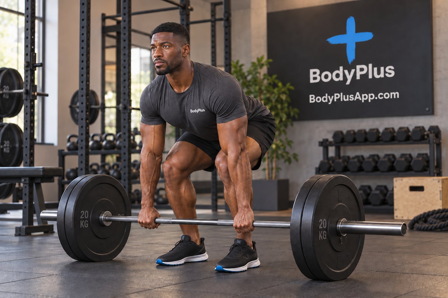 Man in the deadlift setup: knees and hips bent, back leaning forward, arms straight down gripping a loaded barbell on the floor