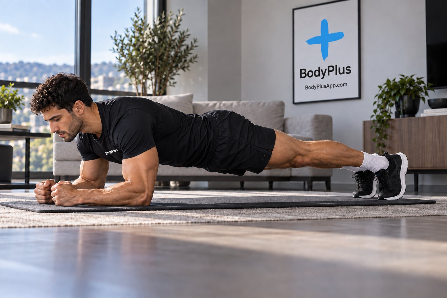 Man holding a forearm plank on a mat at home, his body in a straight line from head to heels