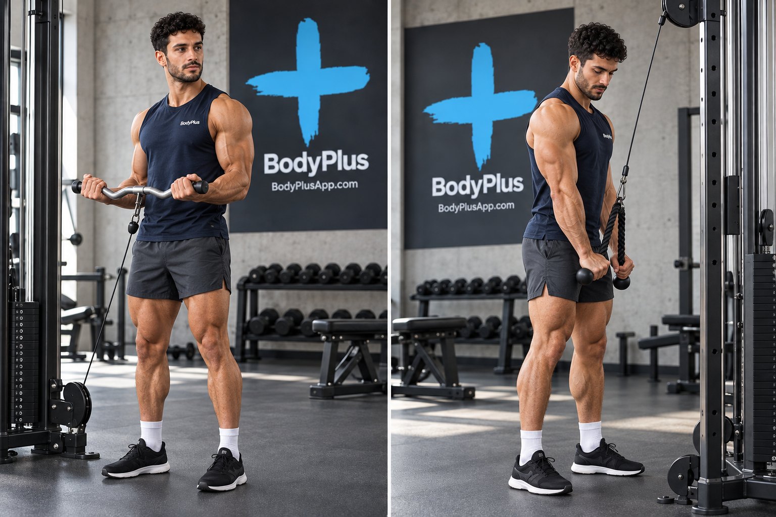 Two side-by-side AI-generated images of a man at a cable station: on the left he does a biceps curl with a straight bar, on the right a triceps pushdown