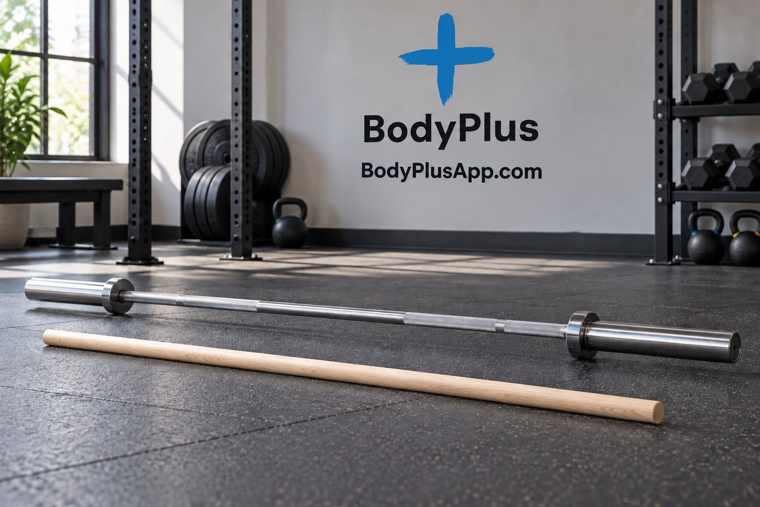 An empty barbell and a wooden dowel lying on a gym floor, the light equipment for practicing the hip hinge and the first deadlift pulls