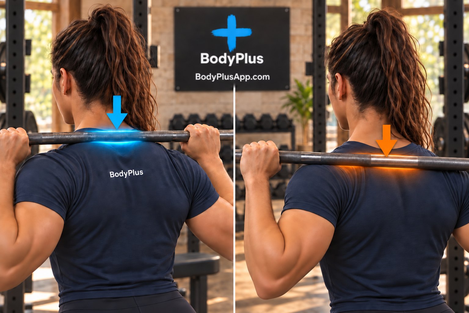 Two close-up views of a barbell across a woman's back from behind: on the left the high-bar position on top of the upper trapezius at the base of the neck, on the right the low-bar position a few centimeters lower across the rear of the shoulders