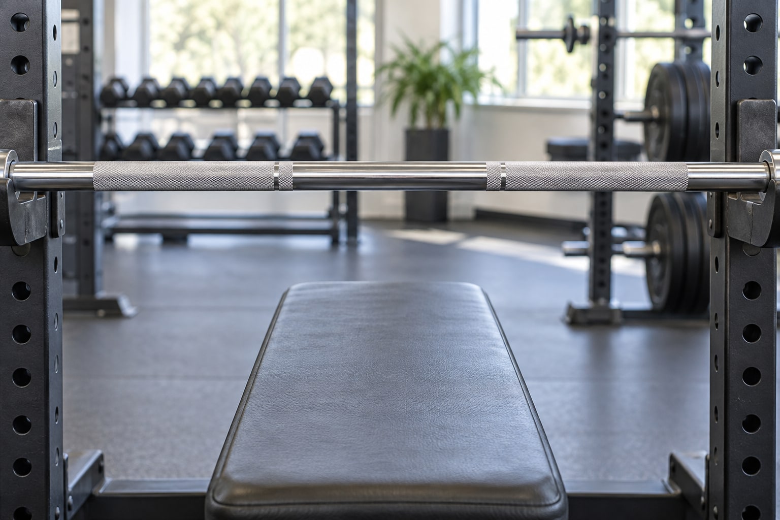 Close view of a racked barbell with its knurled grip marks above an empty flat bench