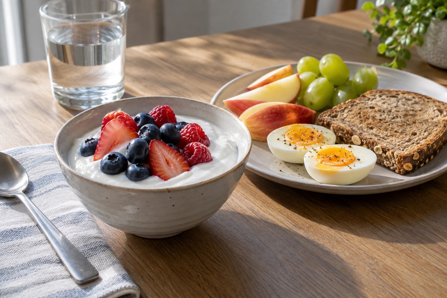 Yogurt topped with berries beside a plate of boiled egg, whole-grain bread, apple slices and grapes
