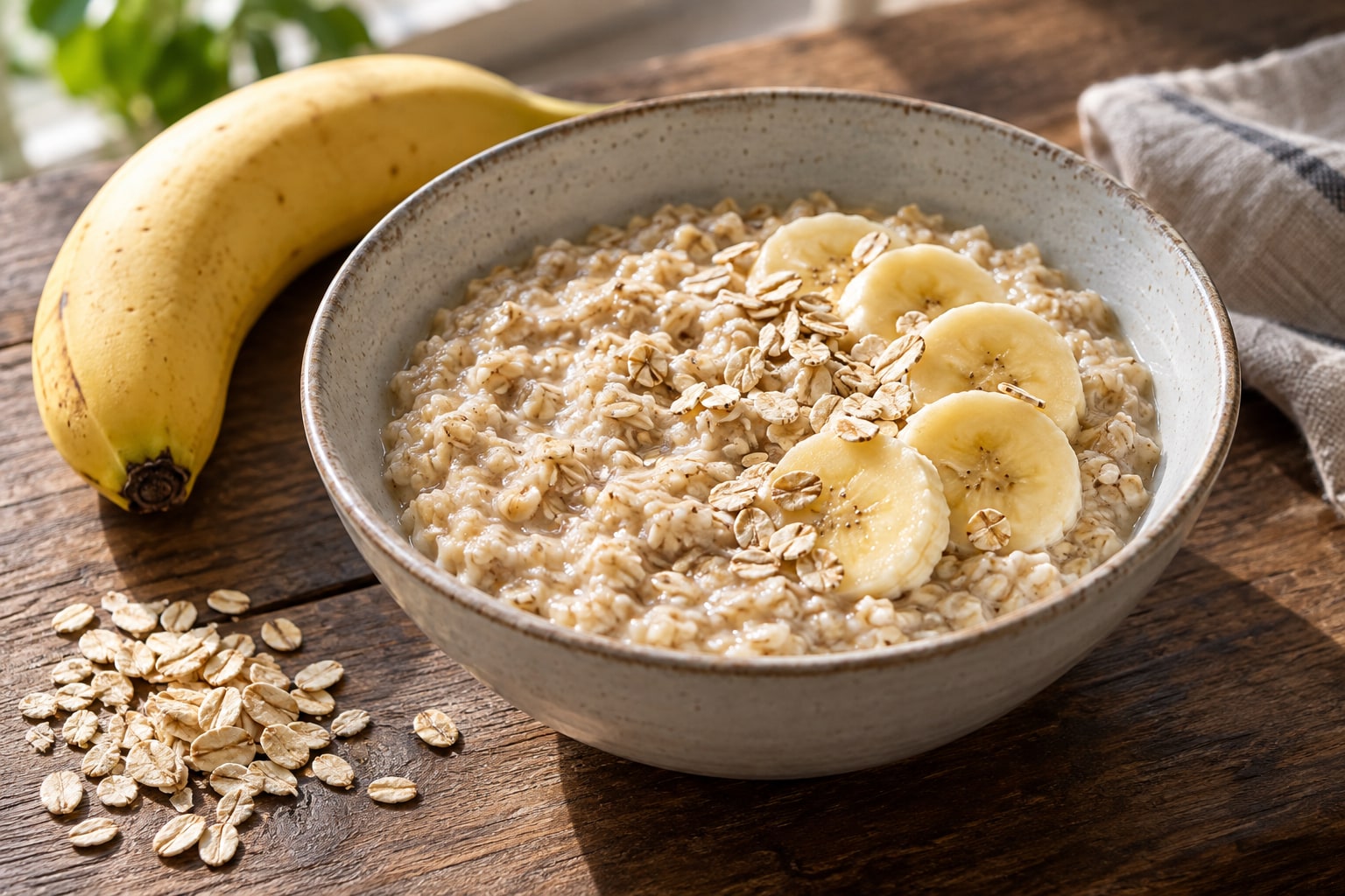 Bowl of oatmeal topped with banana slices beside a whole banana